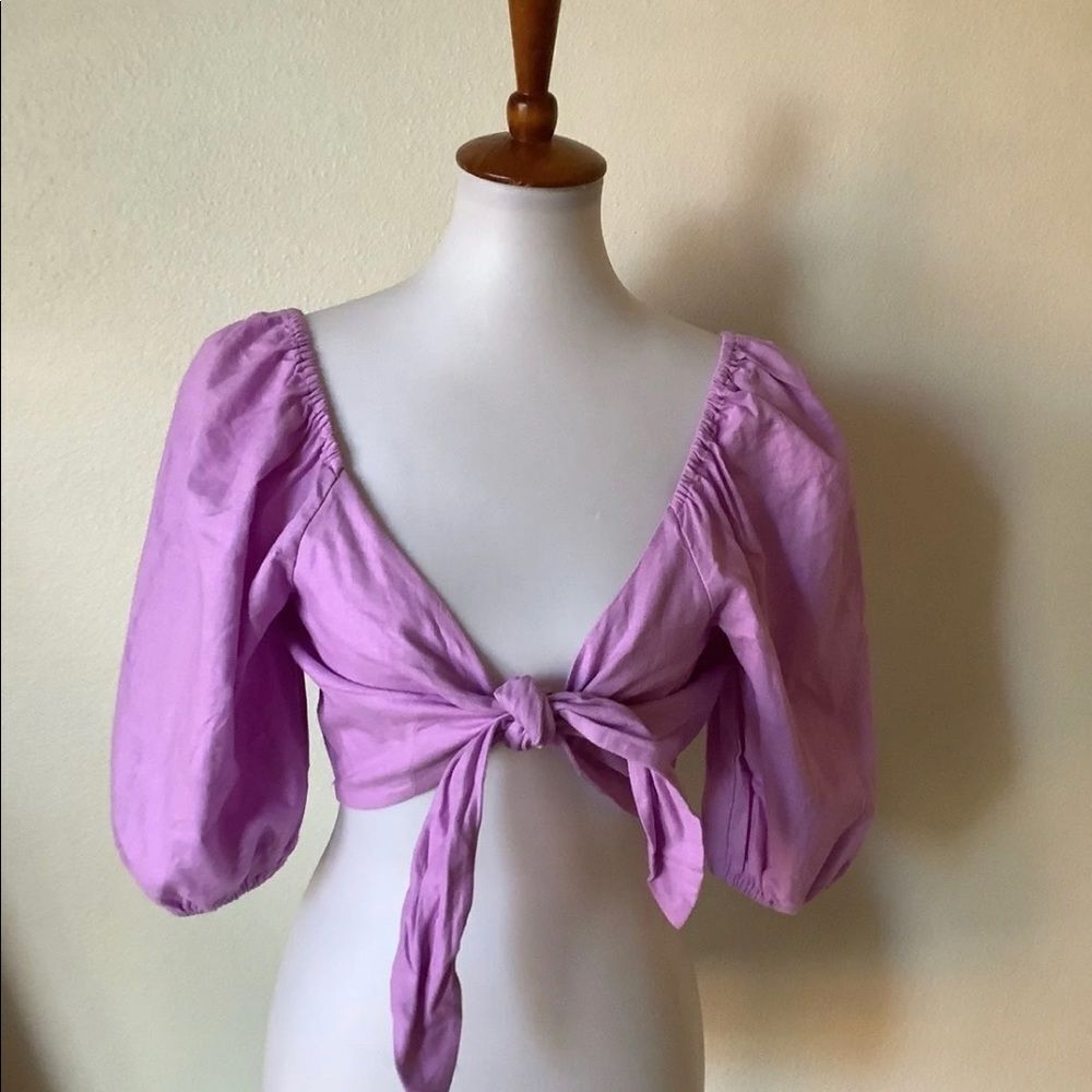 Express X Rocky Barnes Purple Tie Front Puff Sleeve Crop Top in
size XS - Picture 2 of 4